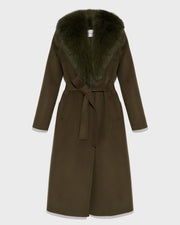 Belted coat in cashmere wool with fox fur collar and lapel