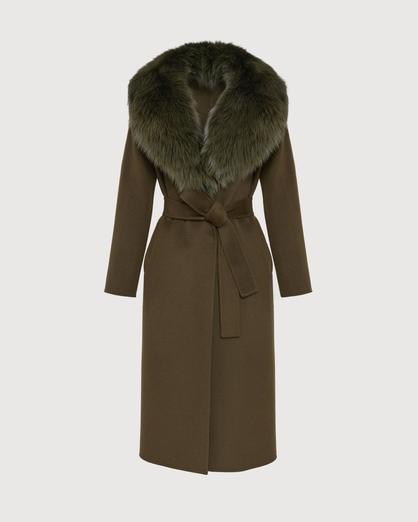 Belted coat in cashmere wool with fox fur collar and lapel - Yves Salomon