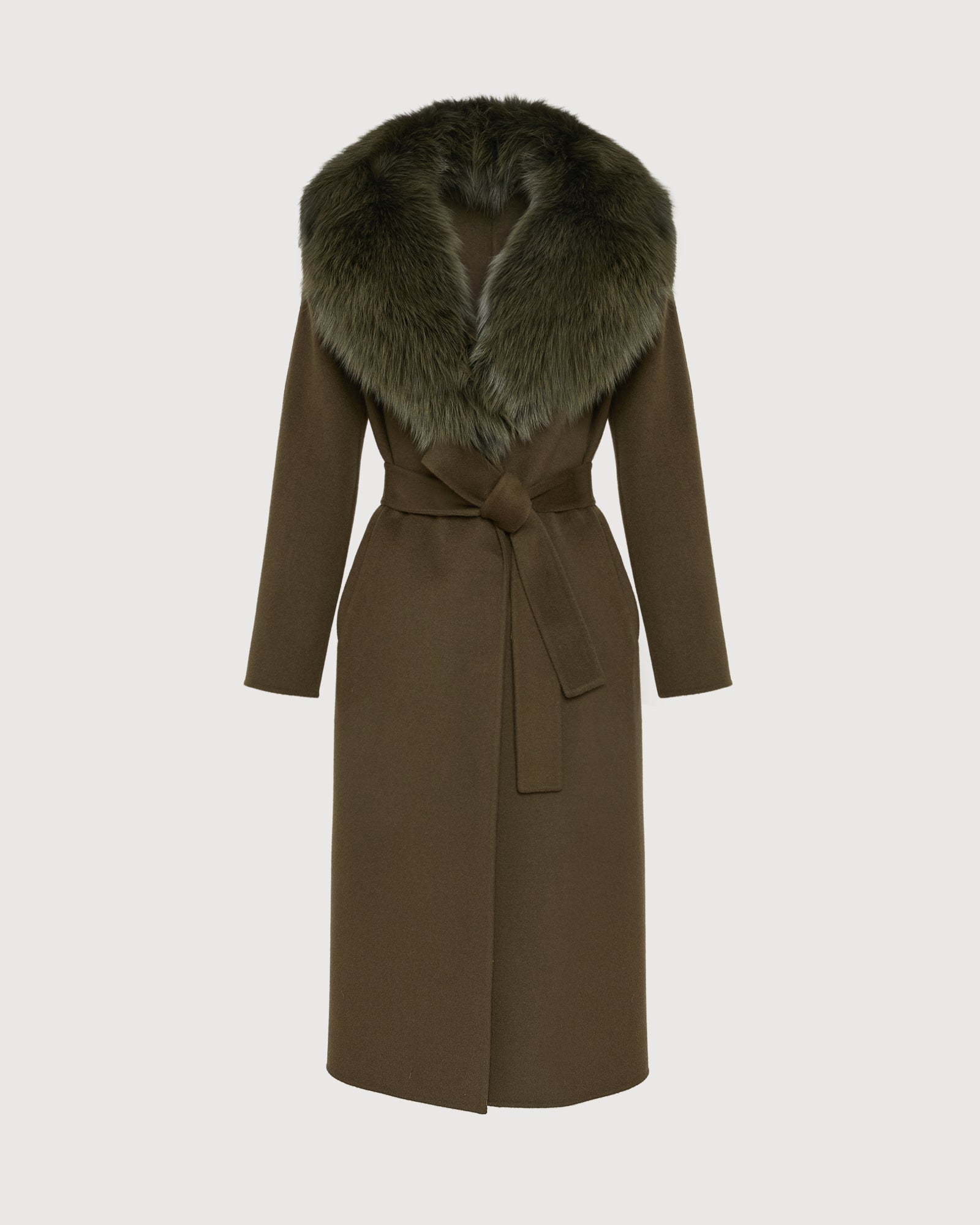 Belted coat in cashmere wool with fox fur collar and lapel - Yves Salomon