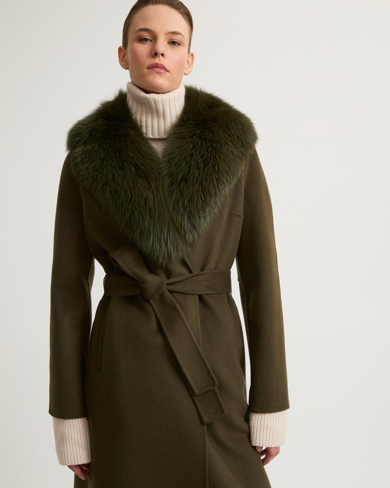 Belted coat in cashmere wool with fox fur collar and lapel