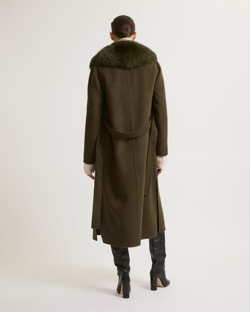 Belted coat in cashmere wool with fox fur  - khaki - Yves Salomon