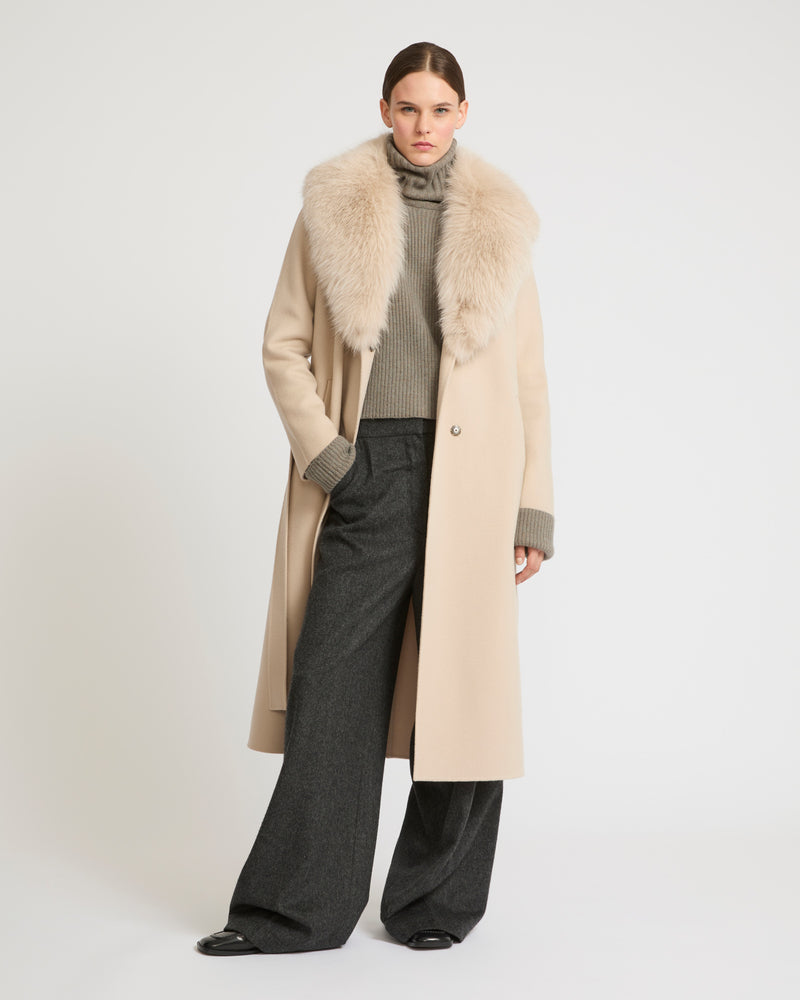 Belted coat in cashmere wool with fox fur collar and lapel - beige - Yves Salomon