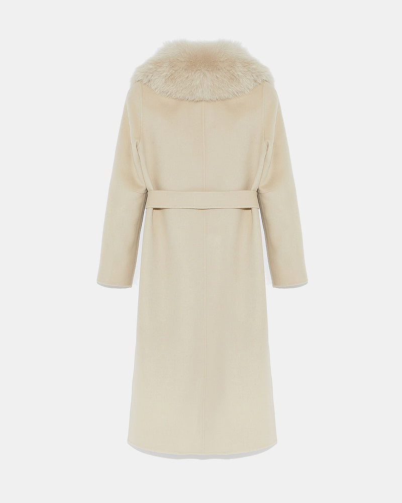 Belted coat in cashmere wool with fox fur collar and lapel - beige - Yves Salomon