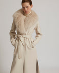 Belted coat in cashmere wool with fox fur collar and lapel