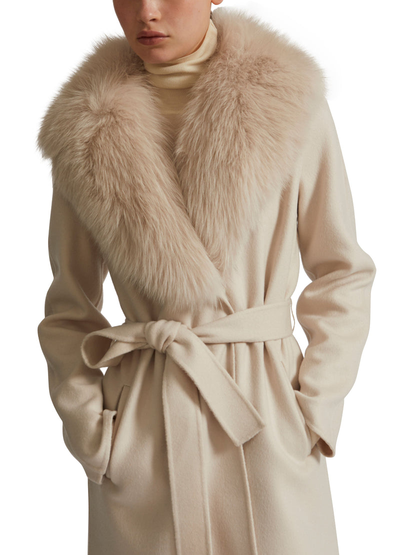 Belted coat in cashmere wool with fox fur collar and lapel