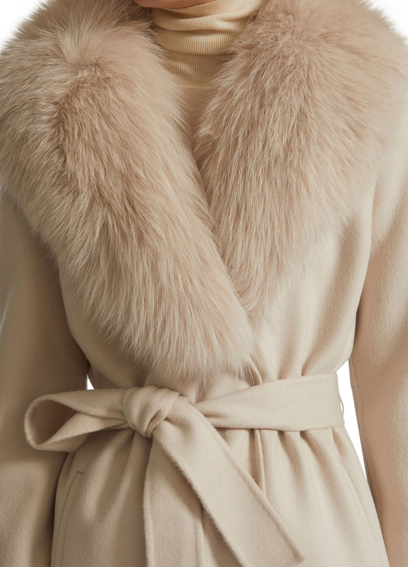 Belted coat in cashmere wool with fox fur collar and lapel