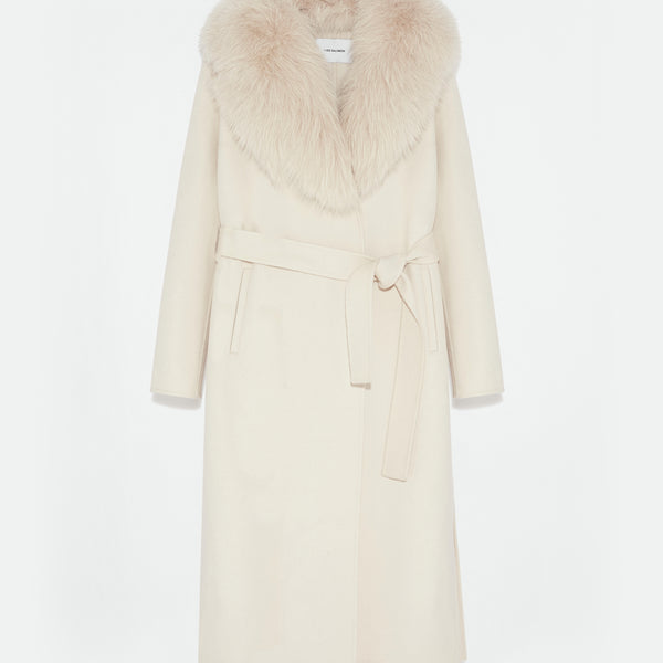 Belted coat in cashmere wool with fox fur collar and lapel