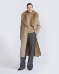 Belted coat in cashmere wool with fox fur collar and lapel