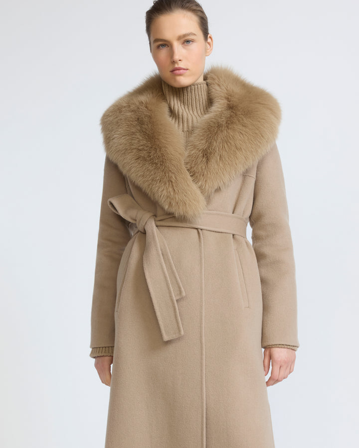 Belted coat in cashmere wool with fox fur collar and lapel - Yves Salomon - New Fall/Winter Collection