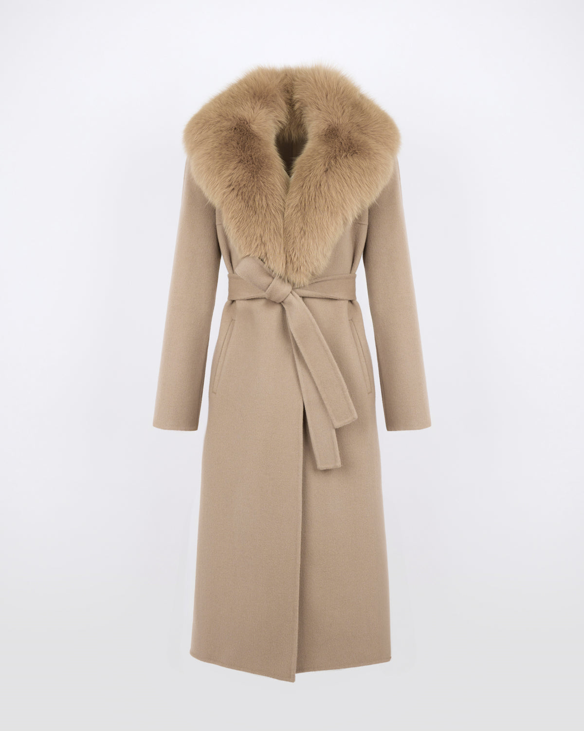 Belted coat in cashmere wool with fox fur collar and lapel - Yves Salomon - New Fall/Winter Collection