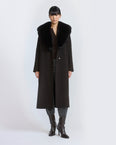 Belted coat in cashmere wool with fox fur collar and lapel