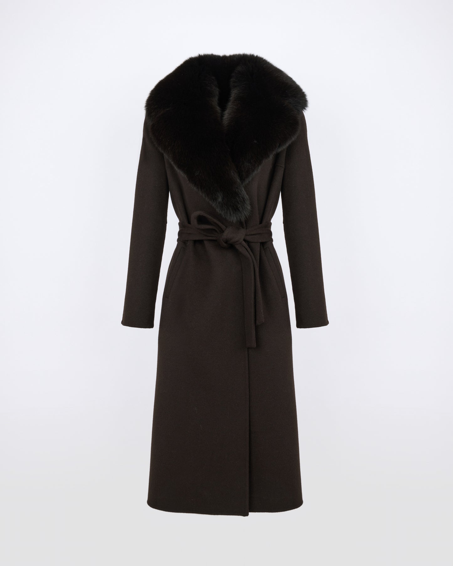 Belted coat in cashmere wool with fox fur collar and lapel - Yves Salomon - New Fall/Winter Collection