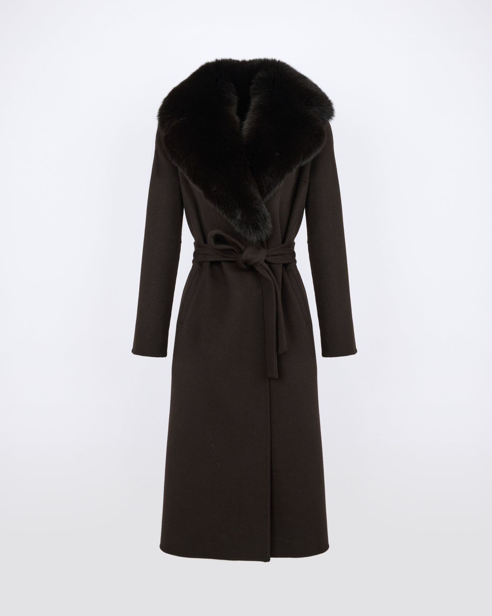 Belted coat in cashmere wool with fox fur collar and lapel - Yves Salomon - New Fall/Winter Collection