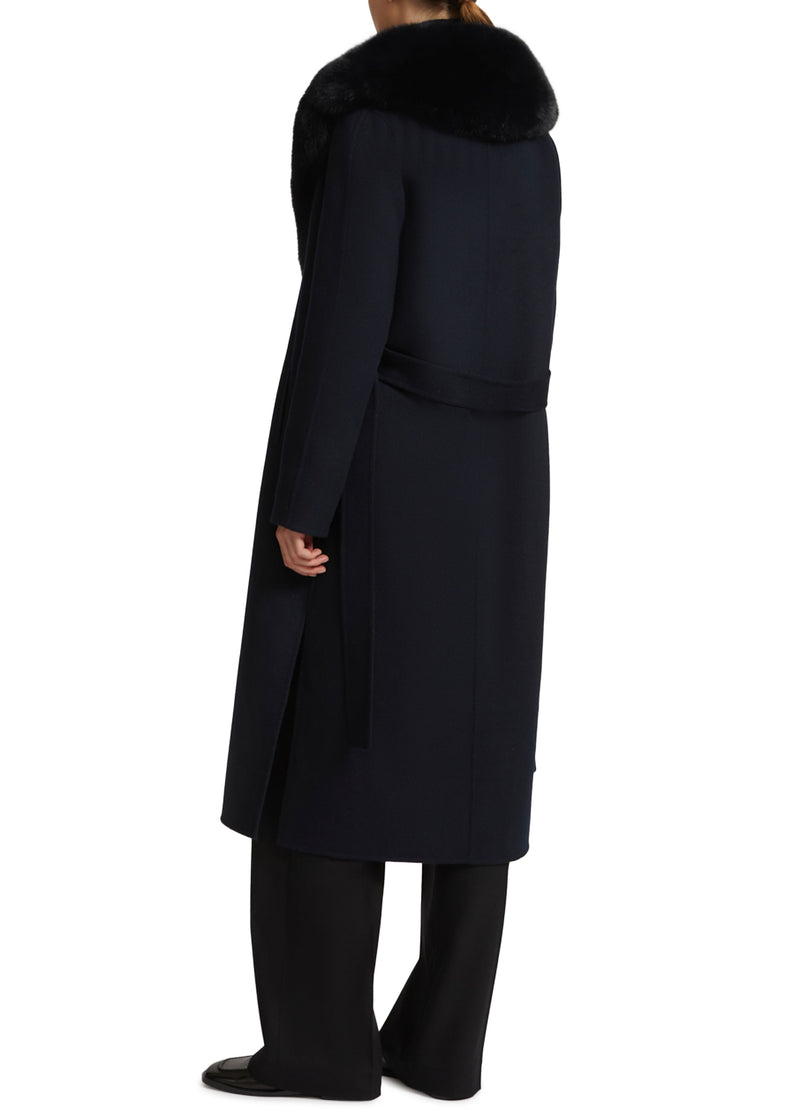 Belted coat in cashmere wool with fox fur collar and lapel