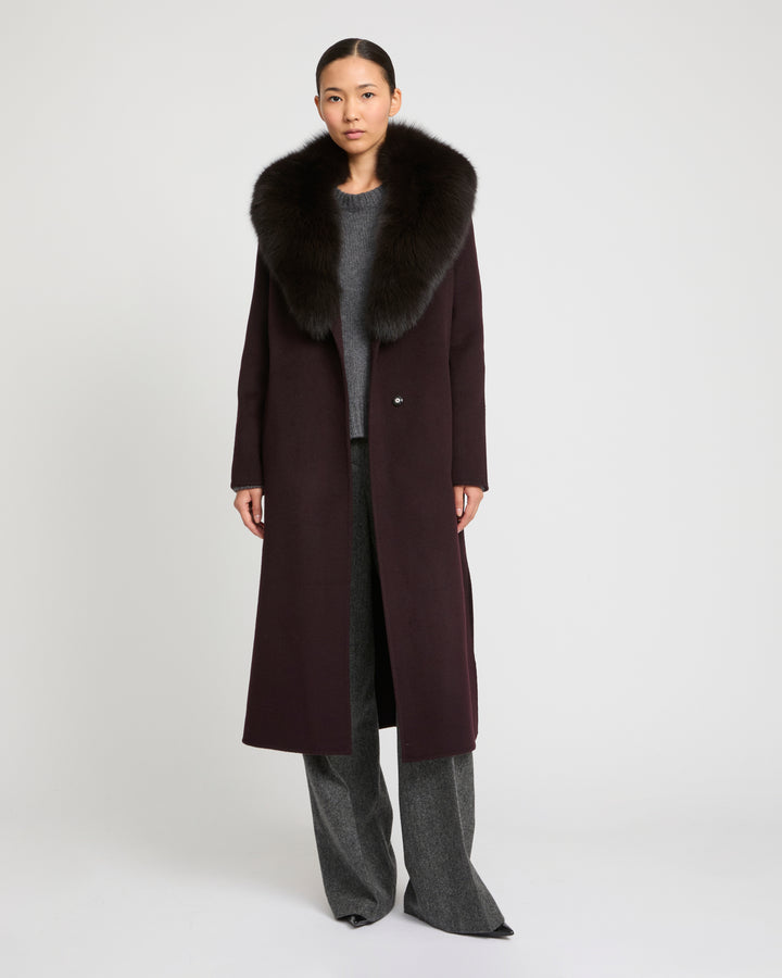 Belted coat in cashmere wool with fox fur collar and lapel