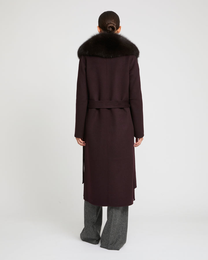 Belted coat in cashmere wool with fox fur collar and lapel