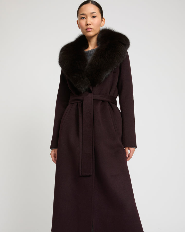 Belted coat in cashmere wool with fox fur collar and lapel