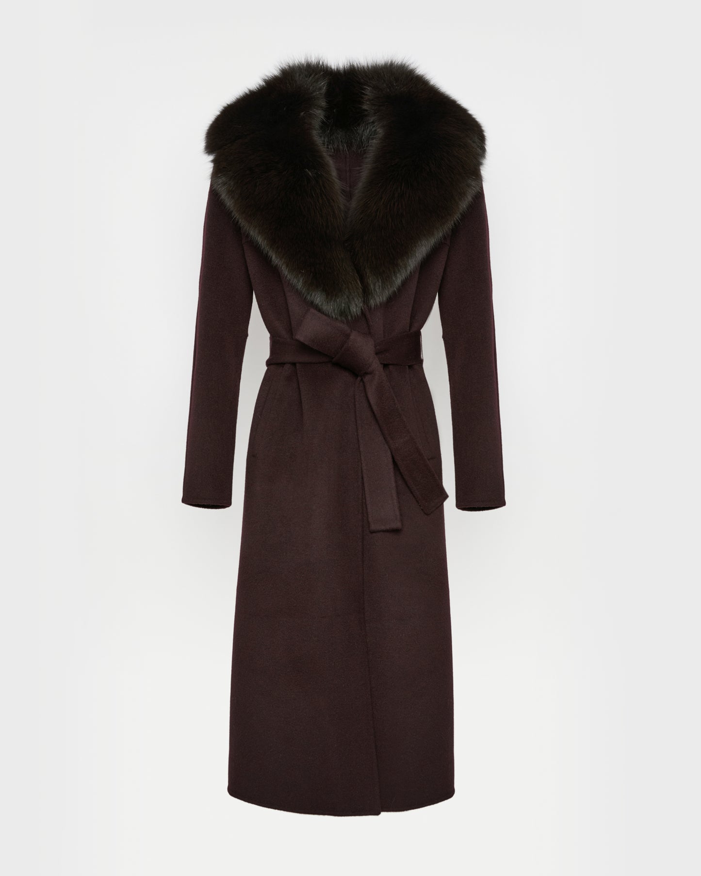 Belted coat in cashmere wool with fox fur collar and lapel