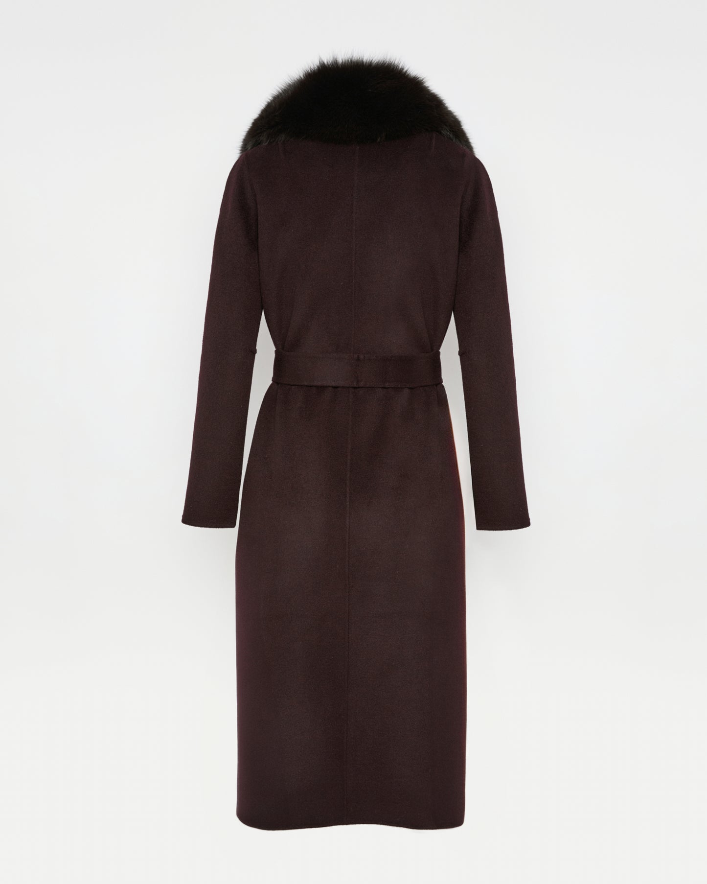 Belted coat in cashmere wool with fox fur collar and lapel