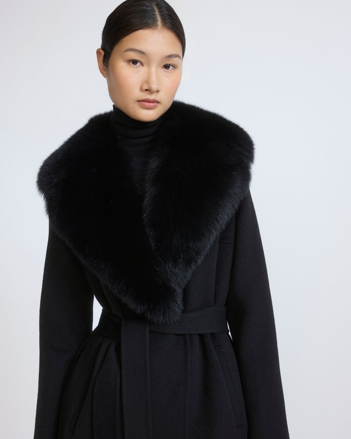 Belted coat in cashmere wool with fox fur collar and lapel