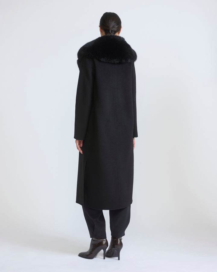 Belted coat in cashmere wool with fox fur collar and lapel