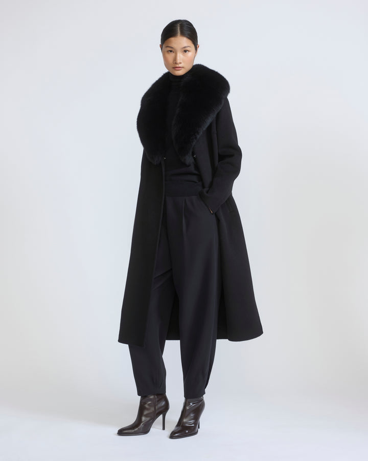 Belted coat in cashmere wool with fox fur collar and lapel