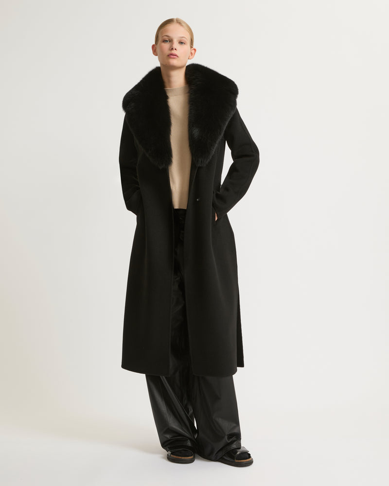 Belted coat in cashmere wool with fox fur - black - Yves Salomon