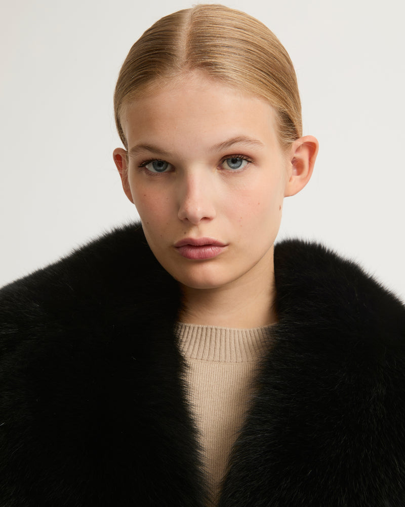 Belted coat in cashmere wool with fox fur - black - Yves Salomon