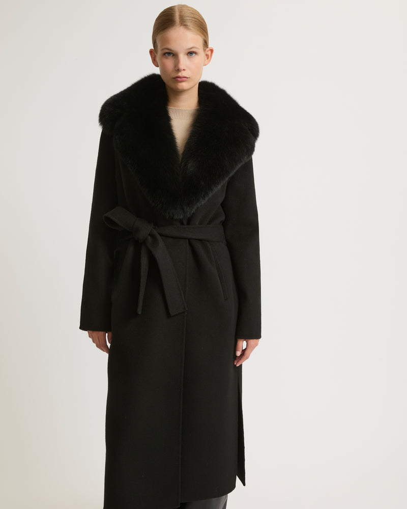 Belted coat in cashmere wool with fox fur - black - Yves Salomon