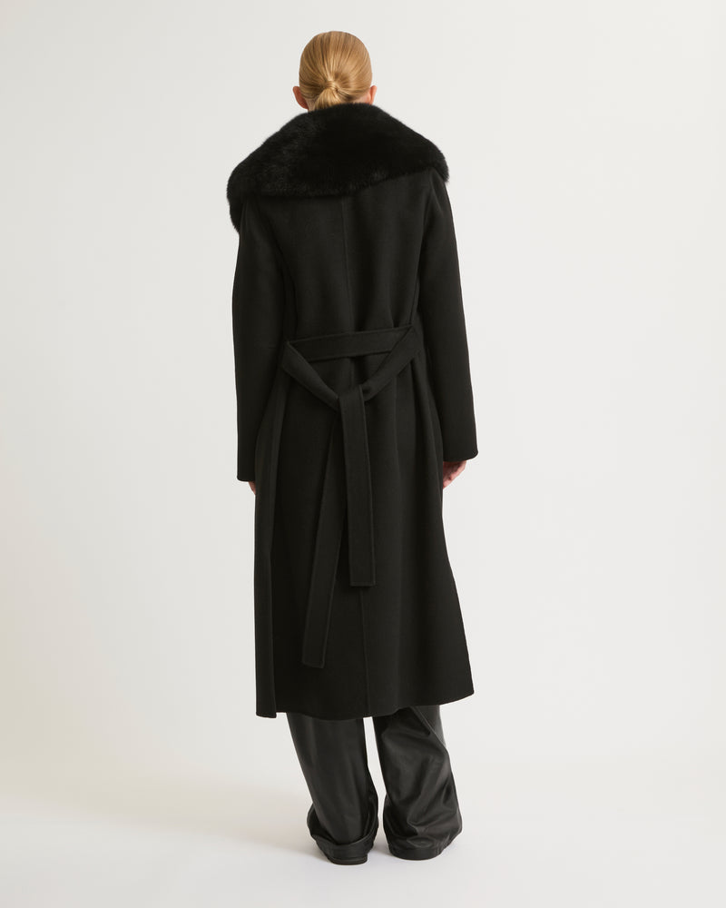 Belted coat in cashmere wool with fox fur - black - Yves Salomon