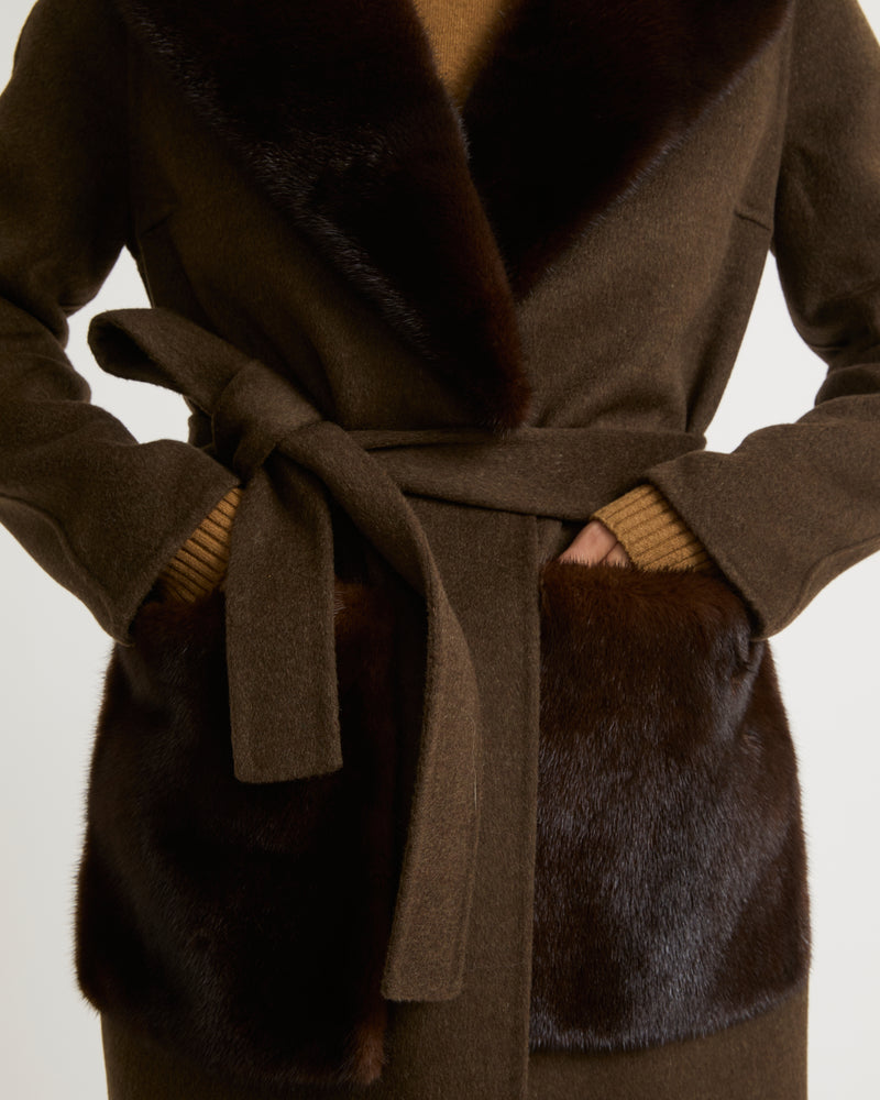 Belted coat in cashmere wool with mink fur  - khaki - Yves Salomon