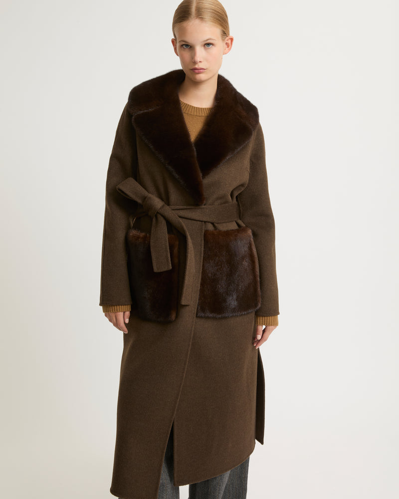 Belted coat in cashmere wool with mink fur  - khaki - Yves Salomon