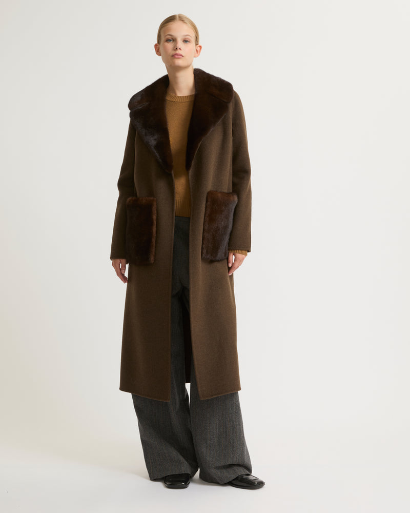 Belted coat in cashmere wool with mink fur  - khaki - Yves Salomon