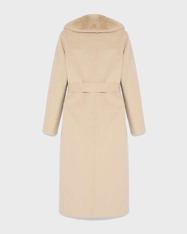 Belted coat in cashmere wool with mink fur collar and over-pockets - beige - Yves Salomon