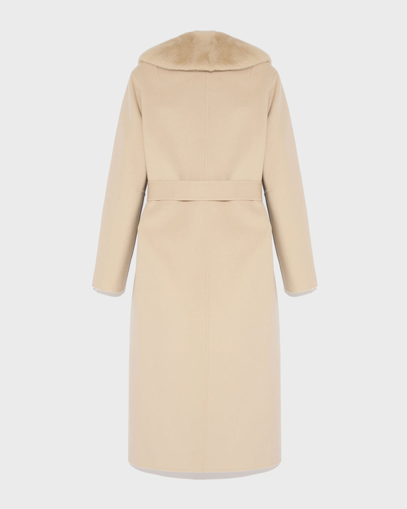 Belted coat in cashmere wool with mink fur collar and over-pockets - beige - Yves Salomon