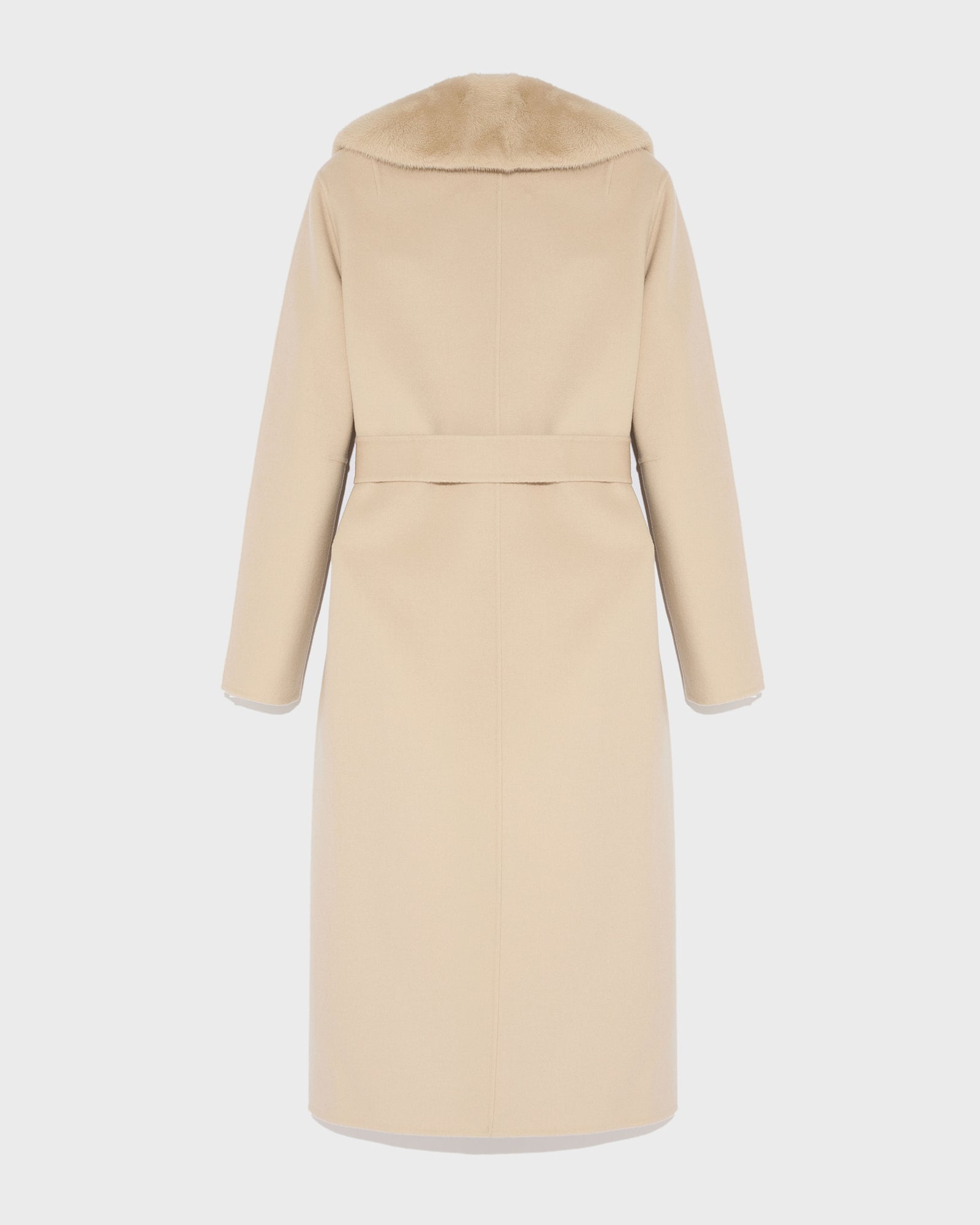 Belted coat in cashmere wool with mink fur collar and over