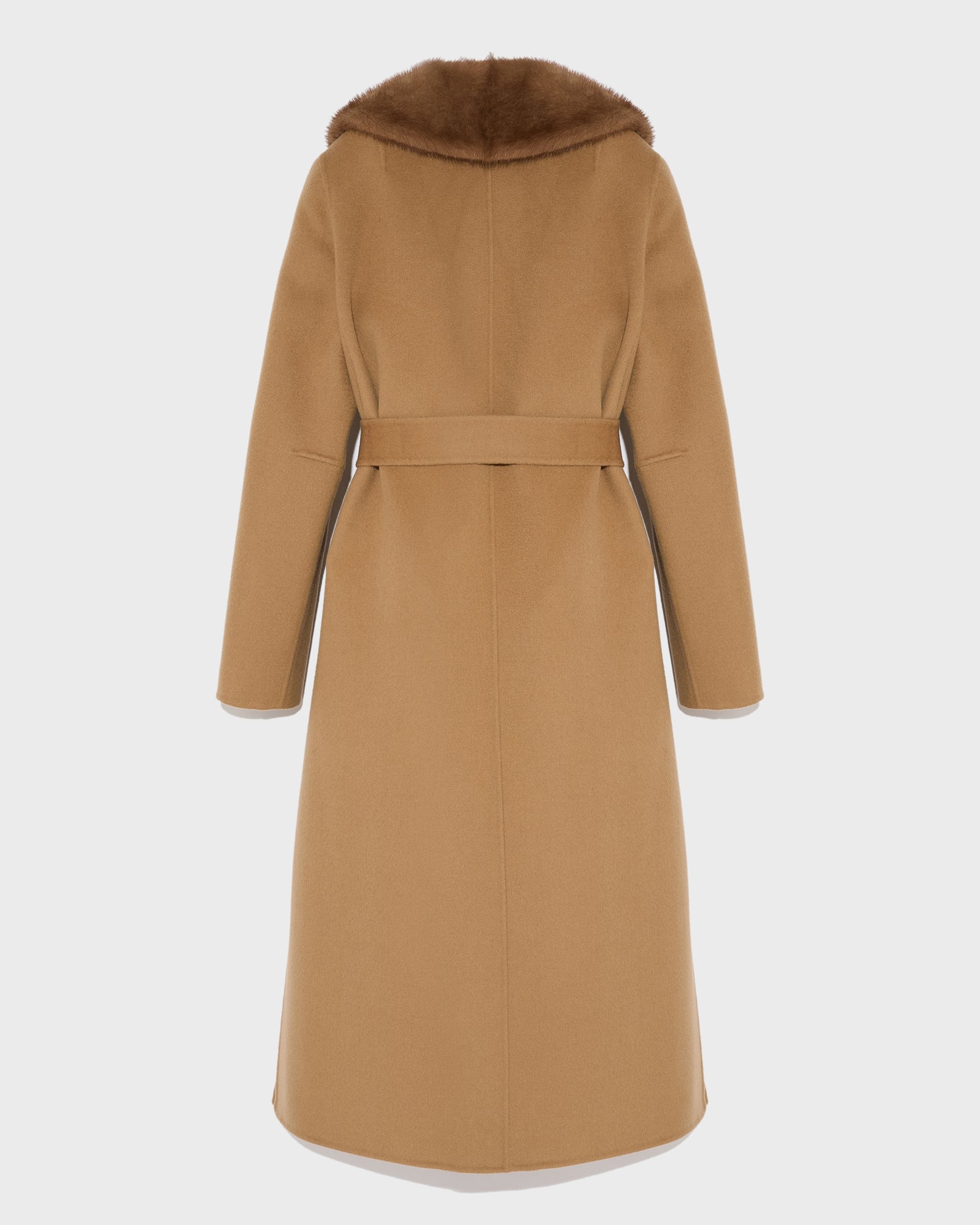 Belted coat in cashmere wool with mink fur collar and over-pockets