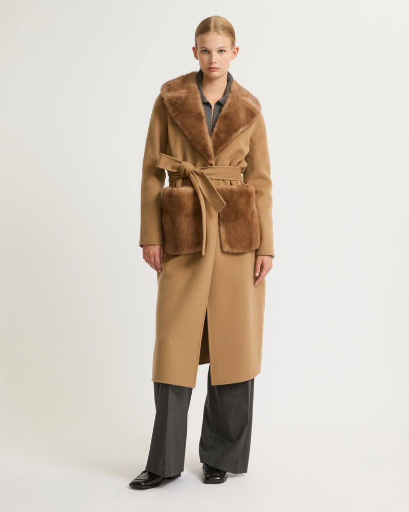 Belted coat in cashmere wool with mink fur  - toast - Yves Salomon