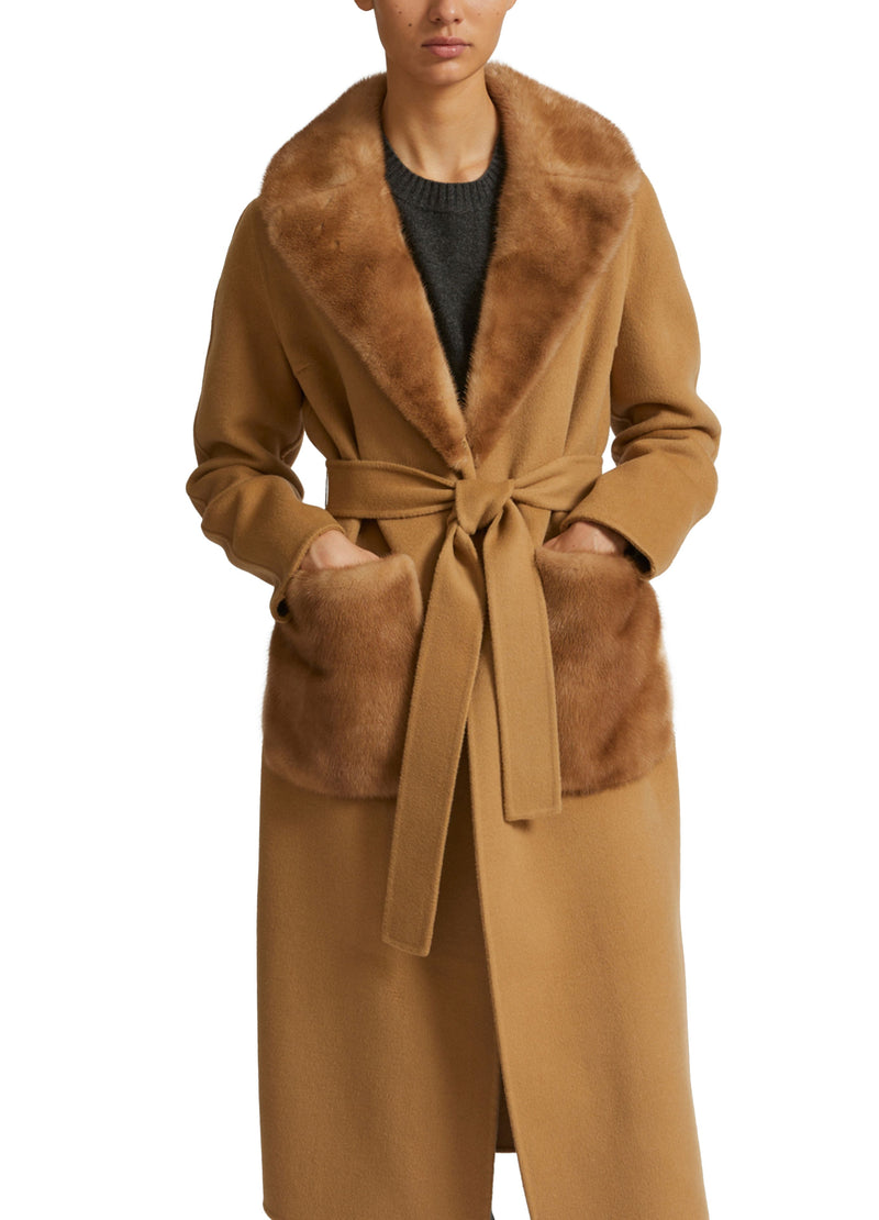 Belted coat in cashmere wool with mink fur collar and over pockets