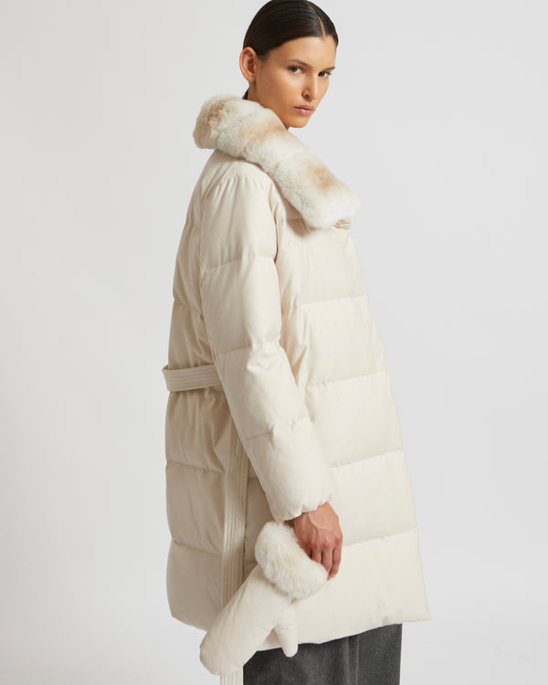 Belted down jacket in waterproof flannel fabric with chinchilla collar - white - Yves Salomon