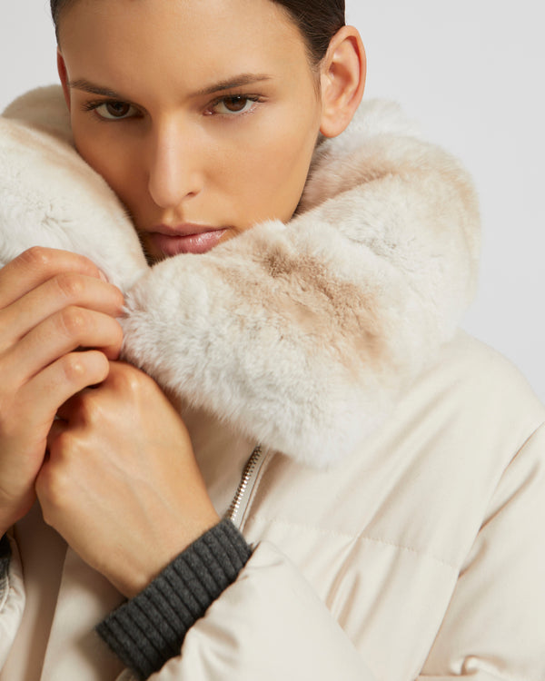 Belted down jacket in waterproof flannel fabric with chinchilla collar - white - Yves Salomon