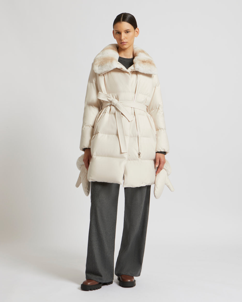 Belted down jacket in waterproof flannel fabric with