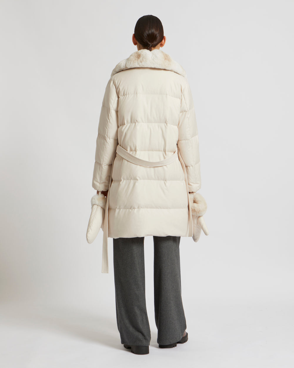 Belted down jacket in waterproof flannel fabric with chinchilla collar - white - Yves Salomon