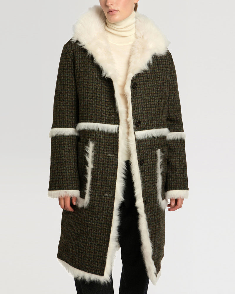 Woollen fabric and shearling hooded coat