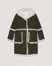 Woollen fabric and shearling hooded coat