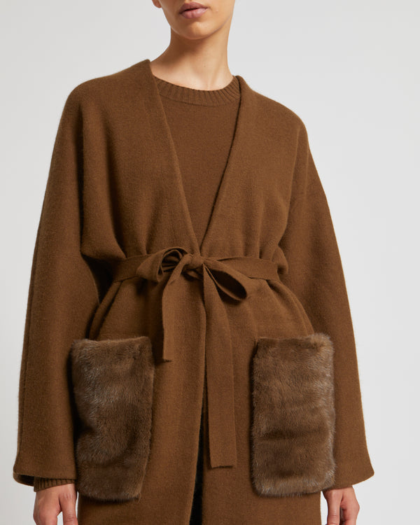 Long knit cardigan with mink fur over-pockets - brown - Yves Salomon