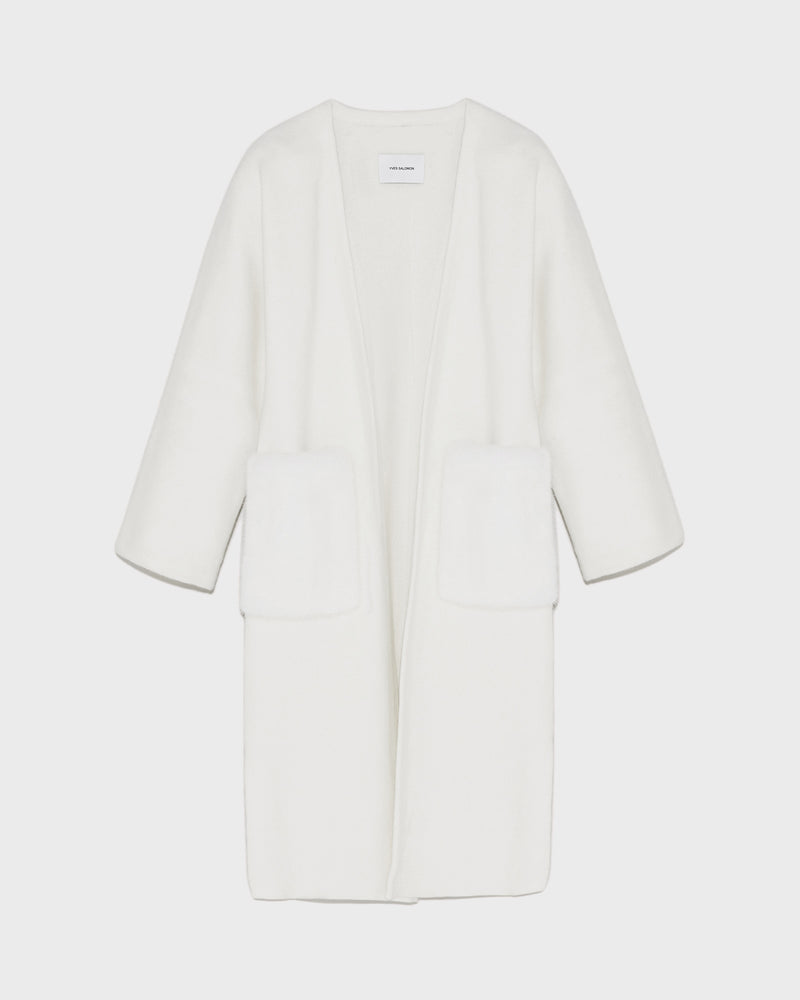 Long knit cardigan with mink fur over-pockets - white - Yves Salomon