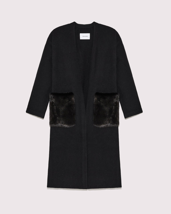 Long knit cardigan with mink fur over-pockets