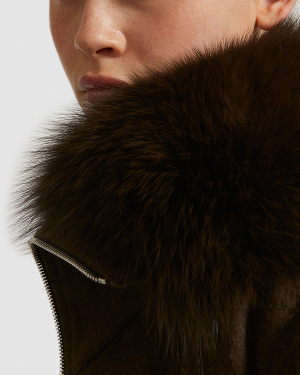 Cropped jacket in cashmere wool with fox fur collar