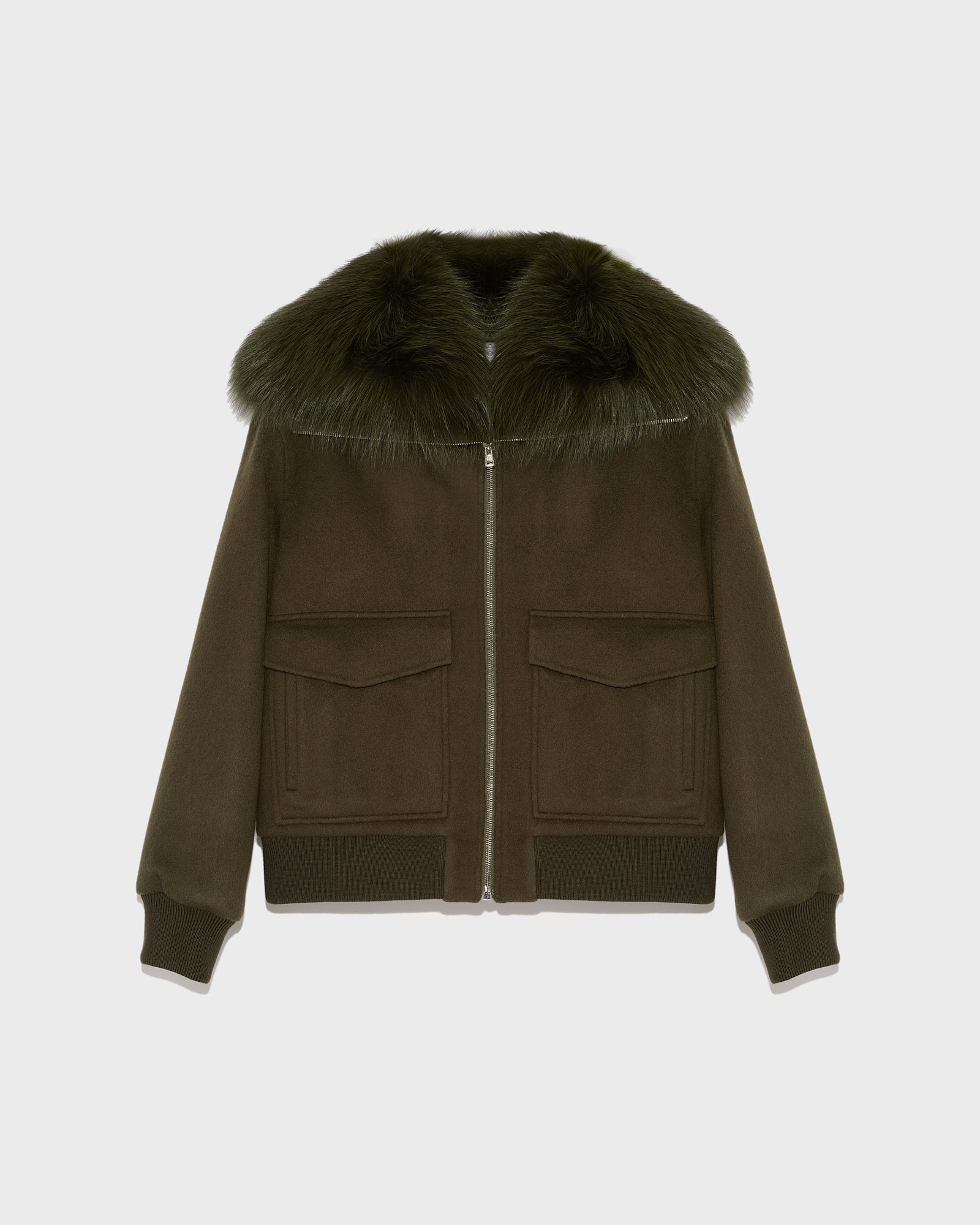 Cropped jacket in cashmere wool with fox fur collar - khaki - Yves